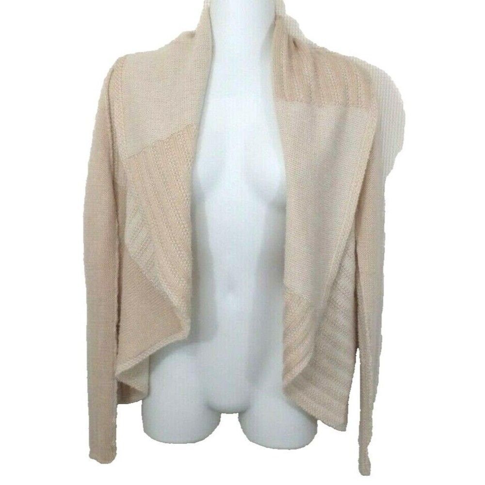 CAbi Cardigan Sweater Small Oatmeal Open Front Circle Patchwork Wool Blend 483